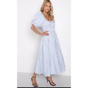 En Saison Dress Blue Tiered Midi Puff Sleeves Pockets‎ M Boho Cottagecore Cotton